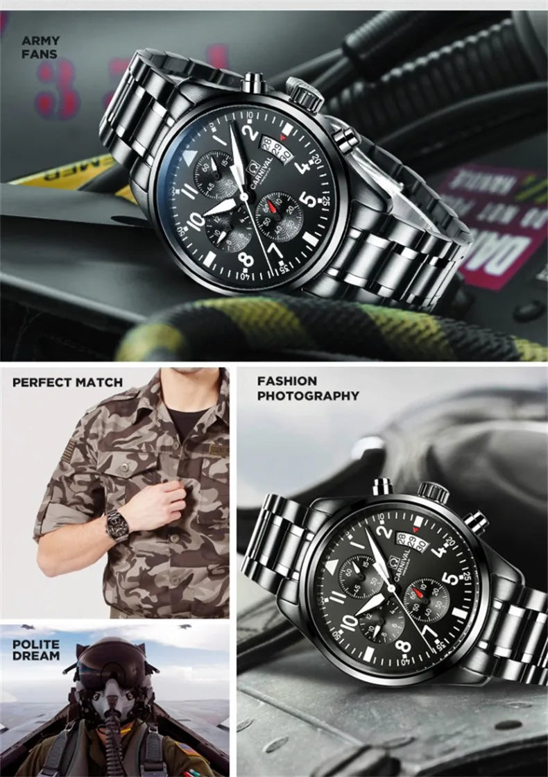 Chronograph luminous military running sport full steel men stopwatch genuine leather strap luxury brand watches sapphire reloj