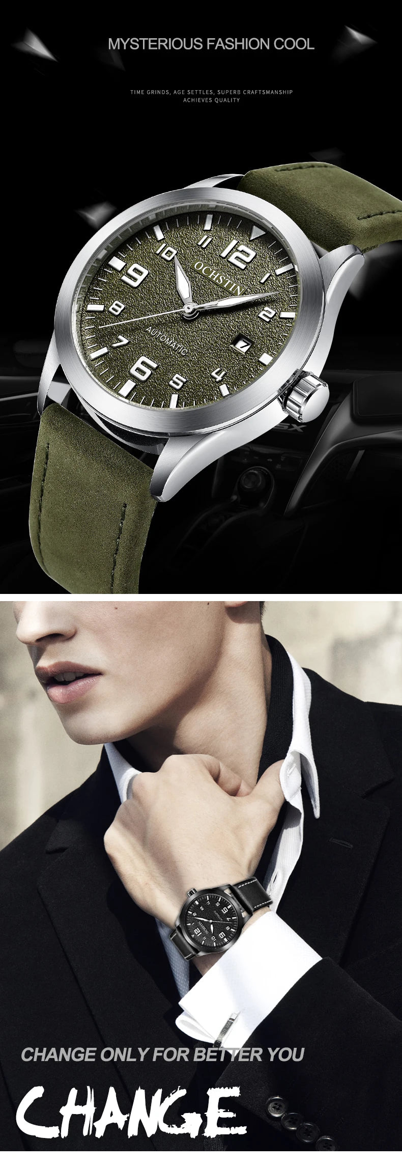 OCHSTIN Man Mechanical Pilot Wrist Watches Luxury Self Wind Leather Mechanic Male Clock Auto Date Relogio Masculino Gift for Men