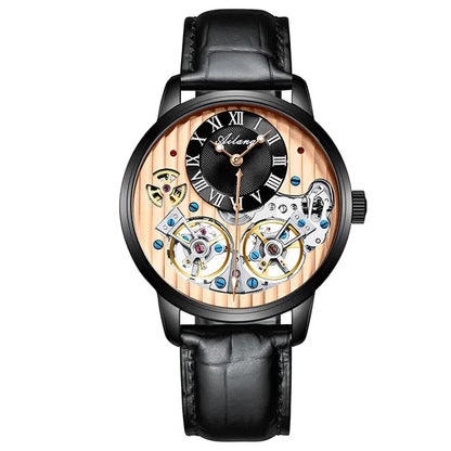 AILANG Top Brand Luxury Watch Men Automatic Luminous Black Clock Men Double Tourbillon Waterproof Mechanical Watch Relogio