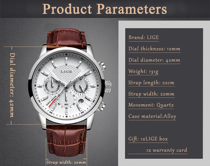 2025 New Men's Watches LIGE Top Brand Luxury Leather Casual Quartz Watch Men's Sport Waterproof Clock Watch Relogio Masculino+Box