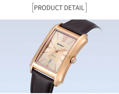 BERNY Watch for Men Rectangle Japan Quartz Wristwatch Waterproof Business Rectangular Dress Male Clock Top Genuine Leather Strap