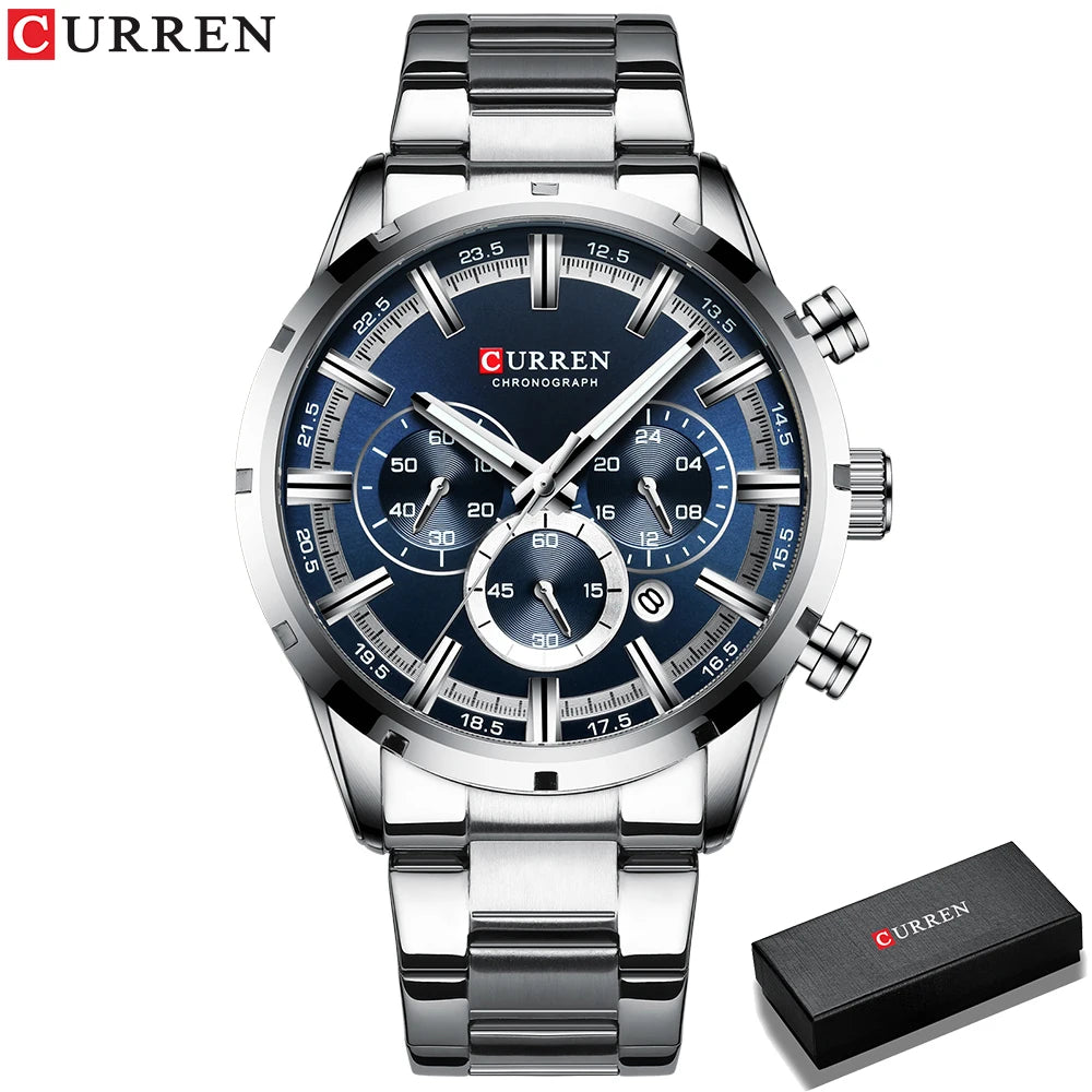 Curren Men's Watch Blue Dial Stainless Steel Band Date Men's Business Watches Waterproof Luxuries Men Wrist Watches for Men