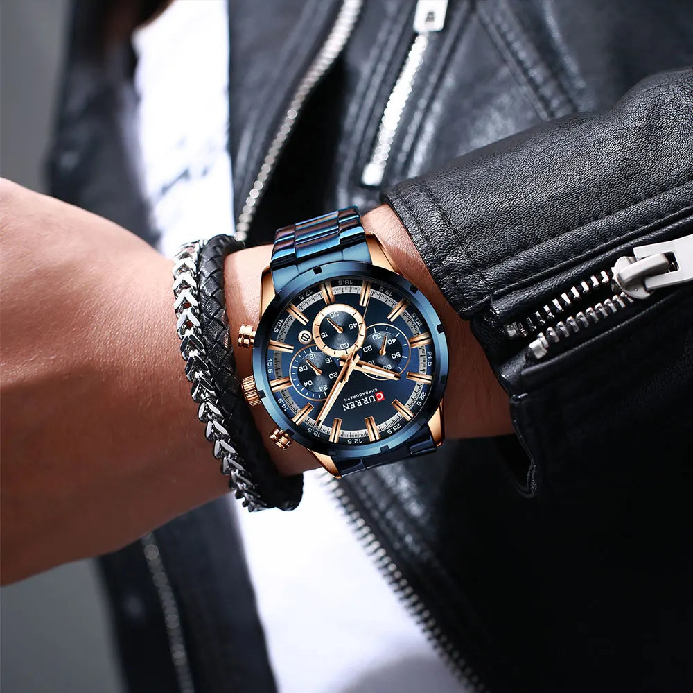 Curren Men's Watch Blue Dial Stainless Steel Band Date Men's Business Watches Waterproof Luxuries Men Wrist Watches for Men
