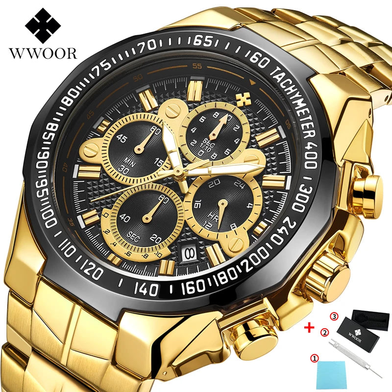 WWOOR Top Brand Luxury Sport Watch For Men Quartz Chronograph Date Luminous Black Full Steel Wrist Watch Male Clock Reloj Hombre