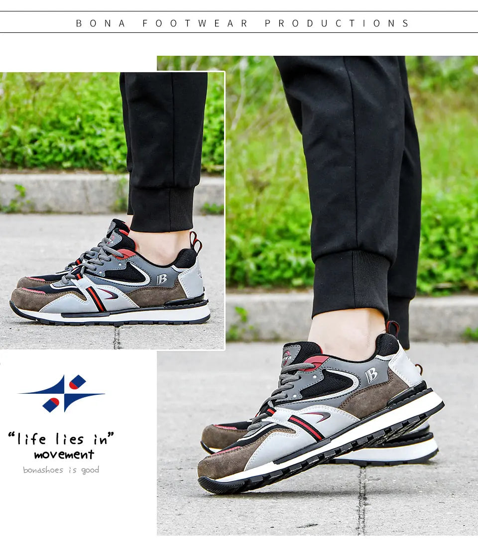 BONA Nuevos diseñadores Zapatillas deportivas de cuero de acción para hombre, calzado de running, tenis masculinos para caminar, fitness moderno