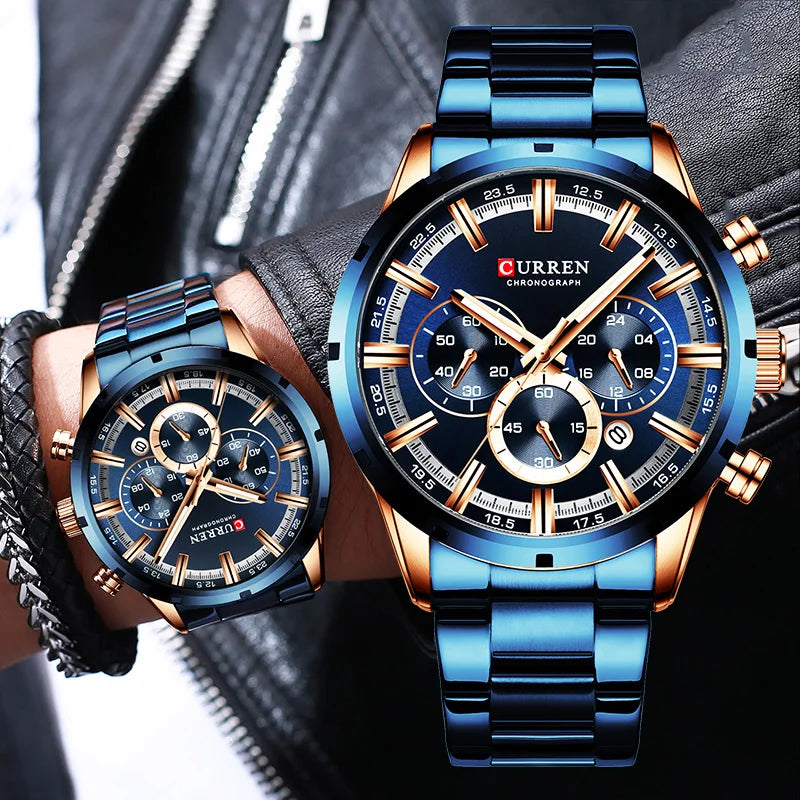 Curren Men's Watch Blue Dial Stainless Steel Band Date Men's Business Watches Waterproof Luxuries Men Wrist Watches for Men