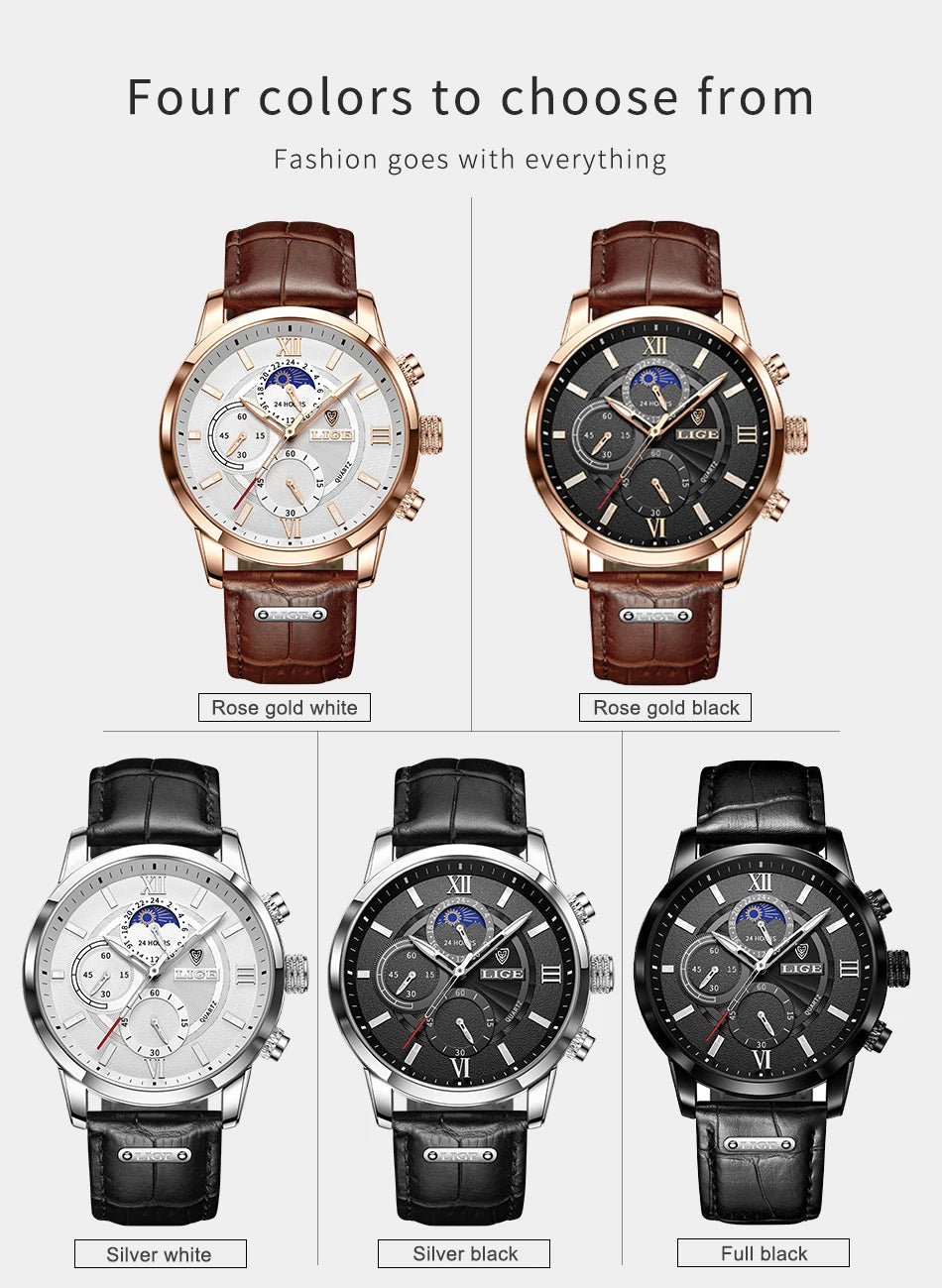 2025 New Men's Watches LIGE Top Brand Luxury Leather Casual Quartz Watch Men's Sport Waterproof Clock Watch Relogio Masculino+Box