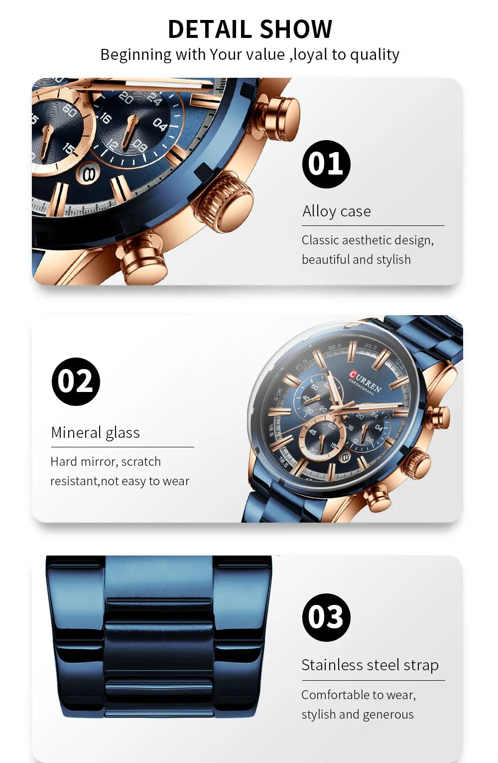 Curren Men's Watch Blue Dial Stainless Steel Band Date Men's Business Watches Waterproof Luxuries Men Wrist Watches for Men