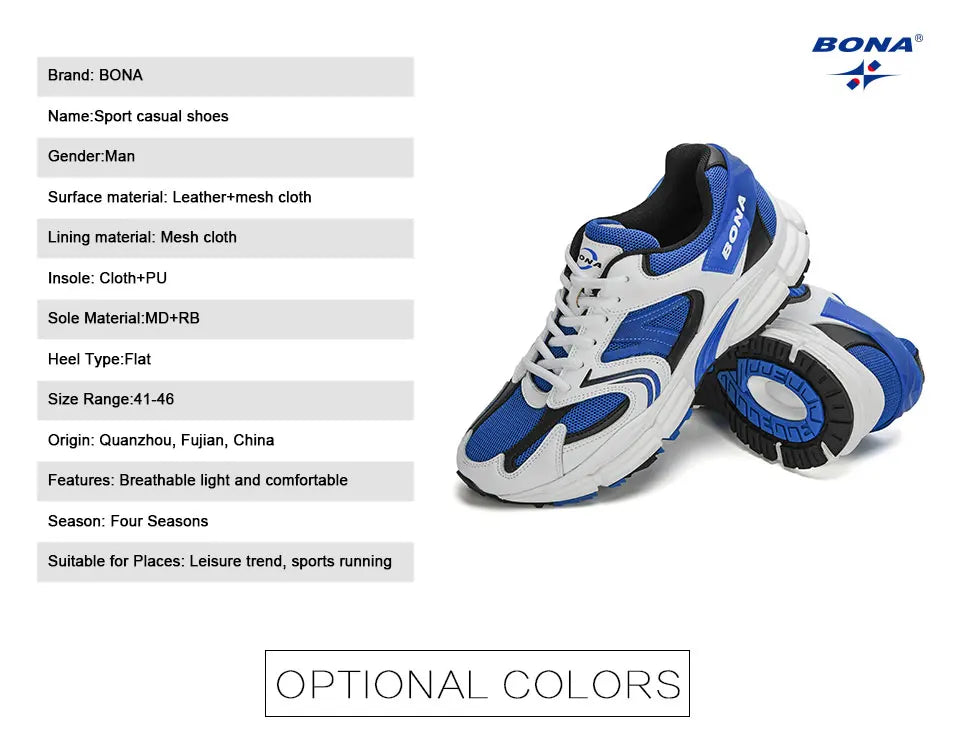 BONA New Designers Action Leather Mesh Men Running Shoes Sneakers Trainers Lightweight Antiskid Outdoor Walking Shoes Man