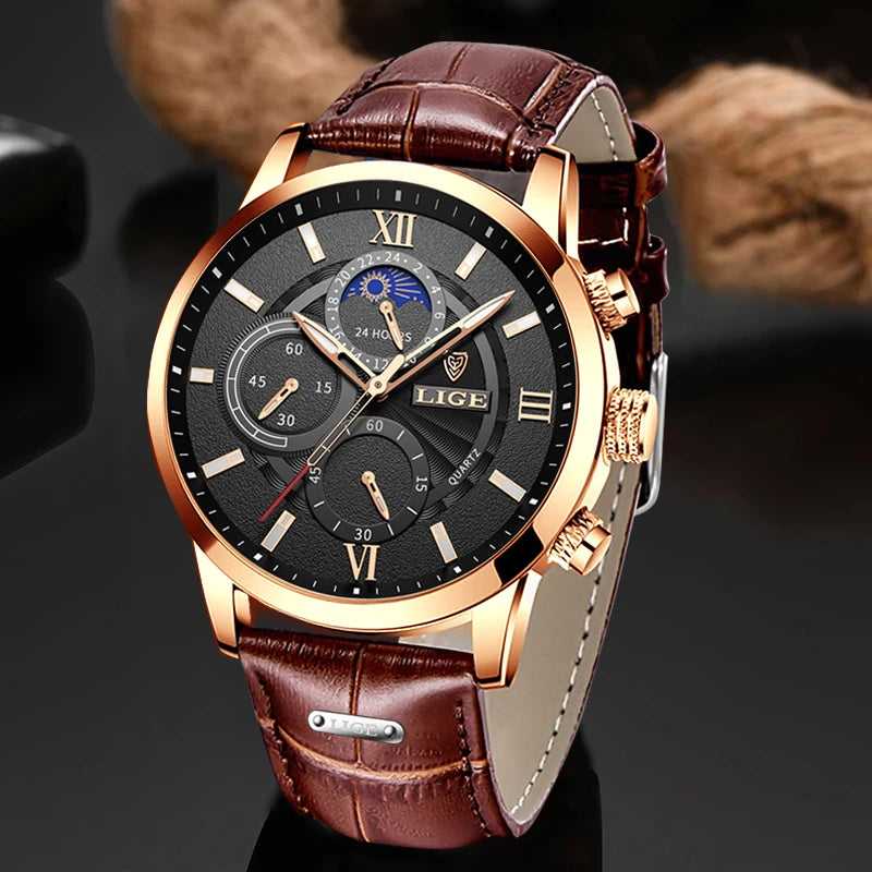 2025 New Men's Watches LIGE Top Brand Luxury Leather Casual Quartz Watch Men's Sport Waterproof Clock Watch Relogio Masculino+Box