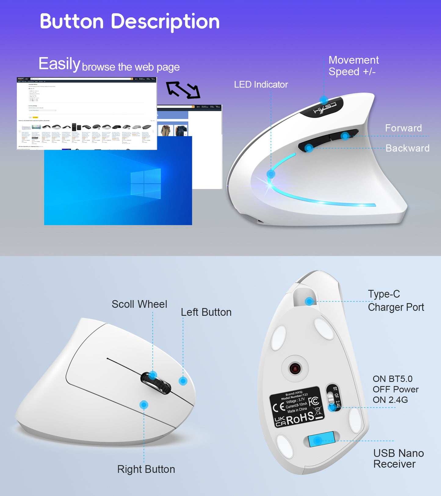 Dual Mode Vertical Mouse 2.4G Wireless Gaming Mouse Ergonomic Bluetooth Mouse 2400DPI Rechargeable Silent Mice for PC Laptop