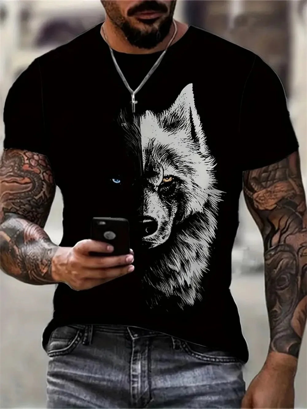 Fashionable Summer Men's Dominant Wolf Print Pattern Breathable Round Neck T-shirt Outdoor High Street Casual Top