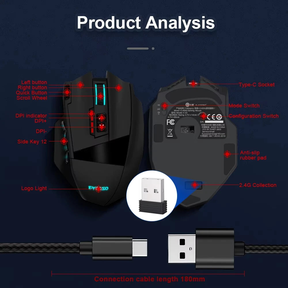 E-YOOSO RGB USB 2.4G laidinė žaidimų pelė X-33, 16000DPI, 18 programuojamų mygtukų, foninis apšvietimas, tinkama staliniam kompiuteriui, nešiojamajam kompiuteriui ir PC