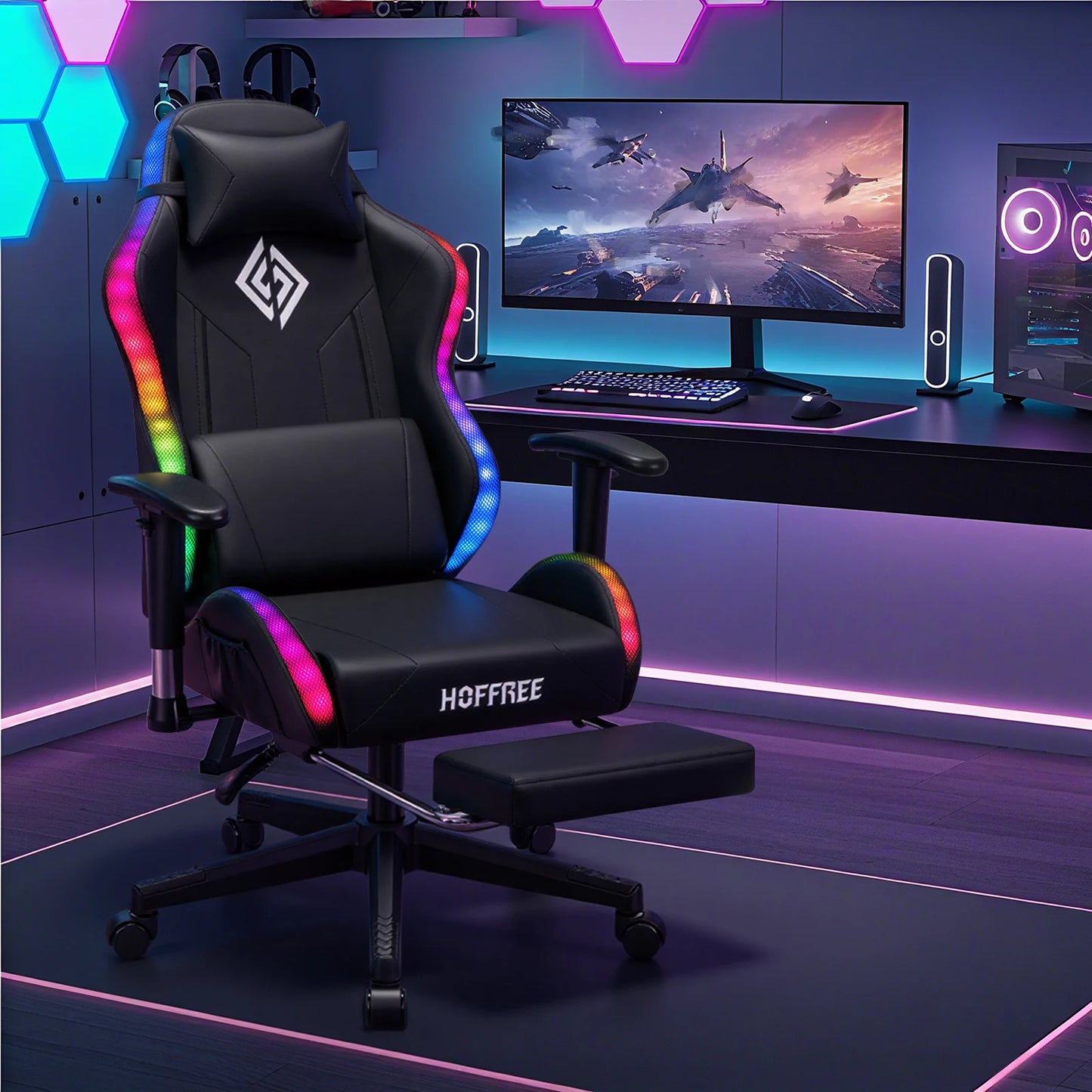 LED Gaming Chair for Children 8-15 Years, Adjustable Gamer Chair with LED Lighting, Footrest & Lumbar Support, Ergonomic PC Chair