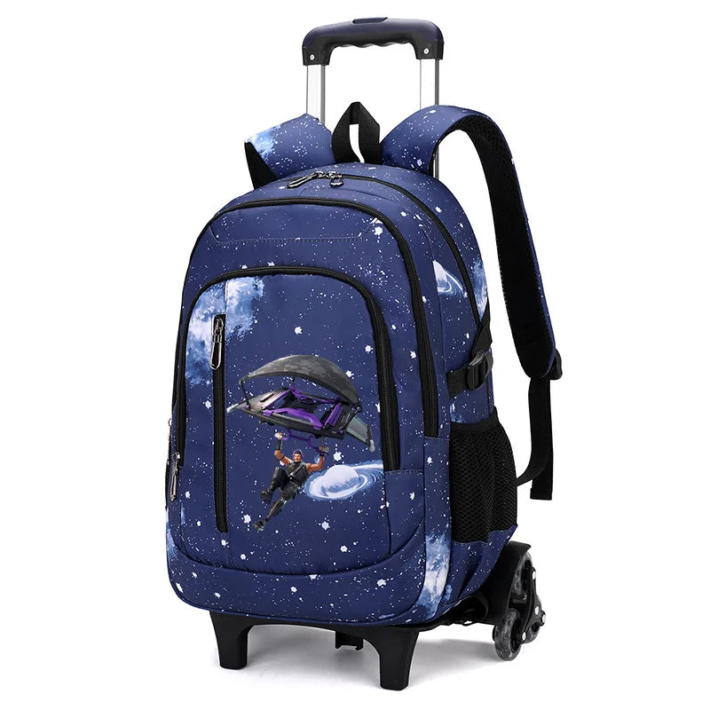 Mochila trolley 2 en 1 Fortnite con estampado de cielo estrellado, gran capacidad, impermeable, compartimento para portátil, diseño para subir escaleras, mochila escolar para estudiantes