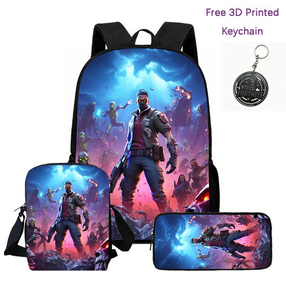 3-teiliges Kinder-Rucksack-Set, Umhängetasche & Federmäppchen, FORTNITE-Cartoon-Tasche, leicht, für Jungen und Mädchen von 6-10, kostenloser 3D-gedruckter Schlüsselanhänger