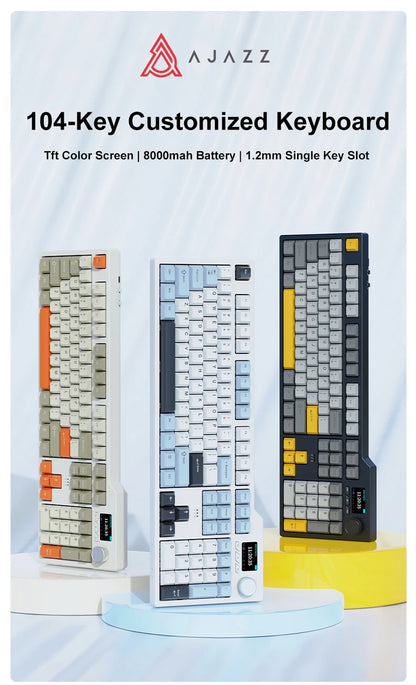 Novo teclado gaming AJAZZ AK35I V3 MAX tri-mode com fios, Bluetooth e sem fios, Gasket, hot swap completo, 104 teclas, teclado personalizado