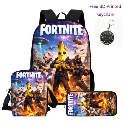 3-teiliges Kinder-Rucksack-Set, Umhängetasche & Federmäppchen, FORTNITE-Cartoon-Tasche, leicht, für Jungen und Mädchen von 6-10, kostenloser 3D-gedruckter Schlüsselanhänger