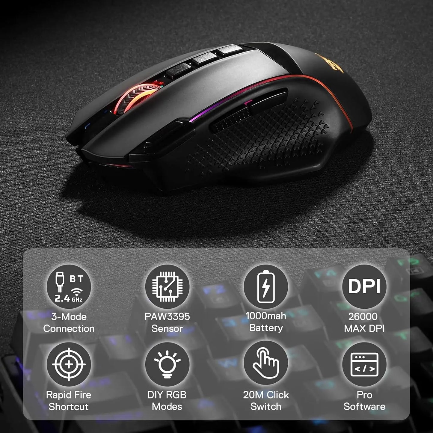 Redragon M991 kabellose Gaming-Maus, 26000 DPI, 3 Modi, 9 Makro-Tasten, RGB-Hintergrundbeleuchtung, Schwarz