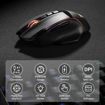 Redragon M991 kabellose Gaming-Maus, 26000 DPI, 3 Modi, 9 Makro-Tasten, RGB-Hintergrundbeleuchtung, Schwarz