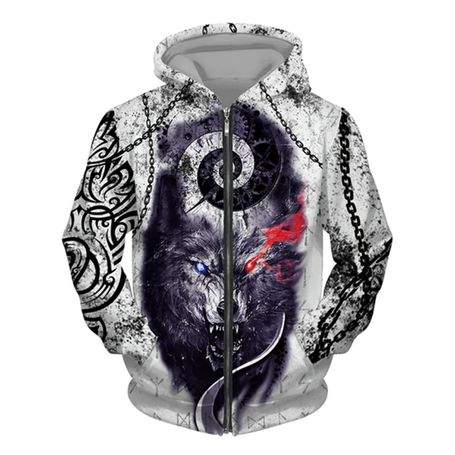 3D Wolf Print Men's Zipper Hoodies Fashion Animal Pattern Top Coat Street Punk Style Oversized Sweatshirts Outdoor Leisure Jackets