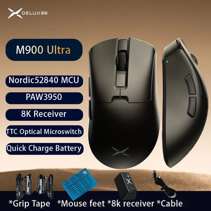 Delux M900PRO Versione ultraleggera Mouse gaming wireless ergonomico 1K/8K Polling Rate 50g PAW3395 per gamer PC destrorsi con mano grande