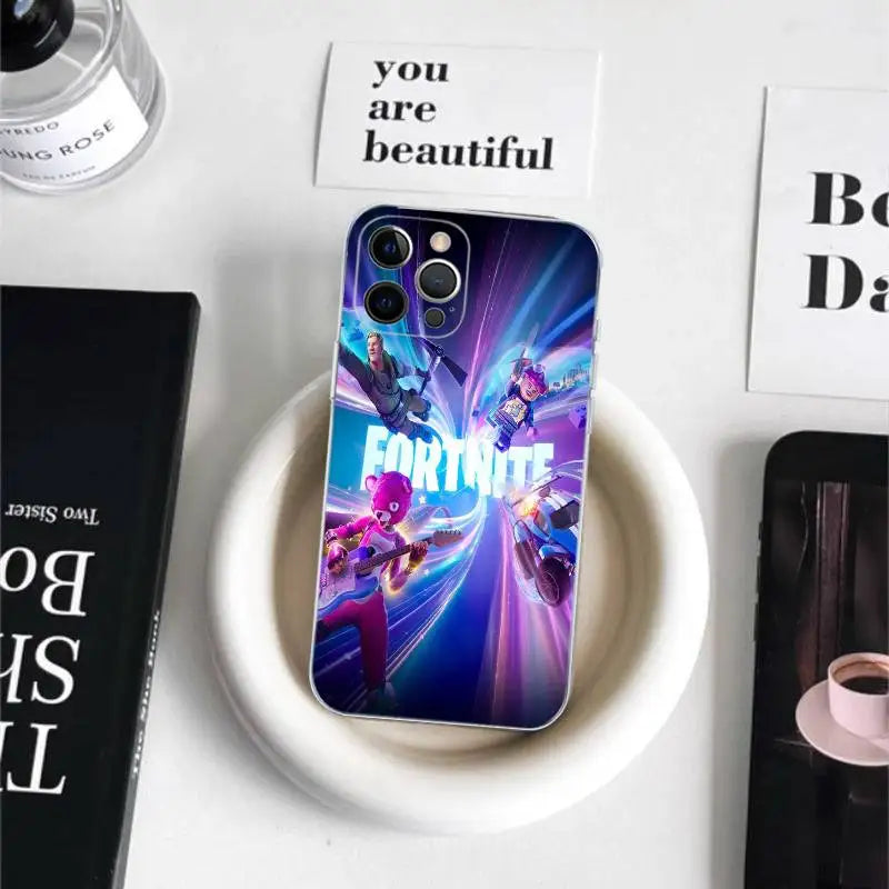Cartoon B-Battle-R-Royale-F-FortniteS for iPhone 17 16 15 14 13 12 11 Pro Max Plus Transparent Soft TPU Phone Cover