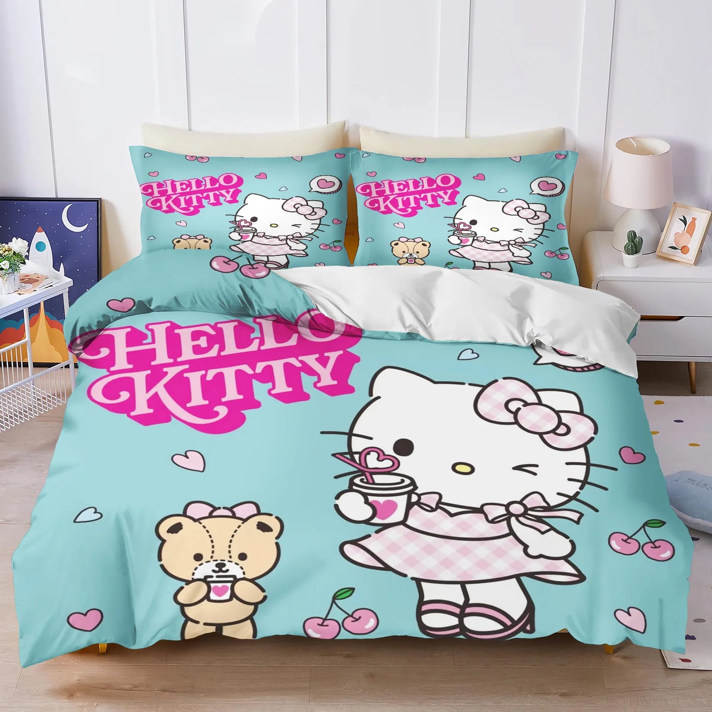 Hello Kitty Bettbezug-Set, 3D-Kinderbettwäsche, 3-teilig, 1 Bettdeckenbezug, King Size