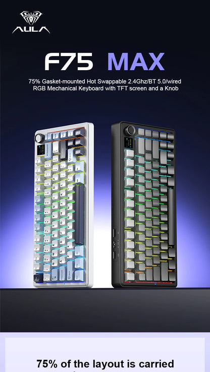 AULA F75 MAX Gaming Mechanical Keyboard 75% Wired/Bluetooth/2.4G Hot-Swap RGB E-sports Keyboard with TFT Screen for PC/Mac