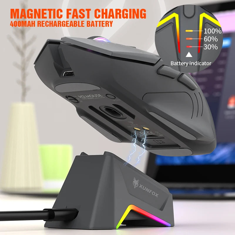 Ratón XUNSVFOX H2 inalámbrico Bluetooth de doble modo con iluminación RGB, para portátil, gaming y oficina, con carga magnética