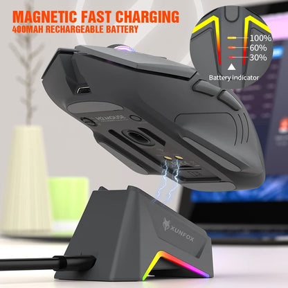 Ratón XUNSVFOX H2 inalámbrico Bluetooth de doble modo con iluminación RGB, para portátil, gaming y oficina, con carga magnética