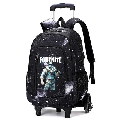 Mochila trolley 2 en 1 Fortnite con estampado de cielo estrellado, gran capacidad, impermeable, compartimento para portátil, diseño para subir escaleras, mochila escolar para estudiantes