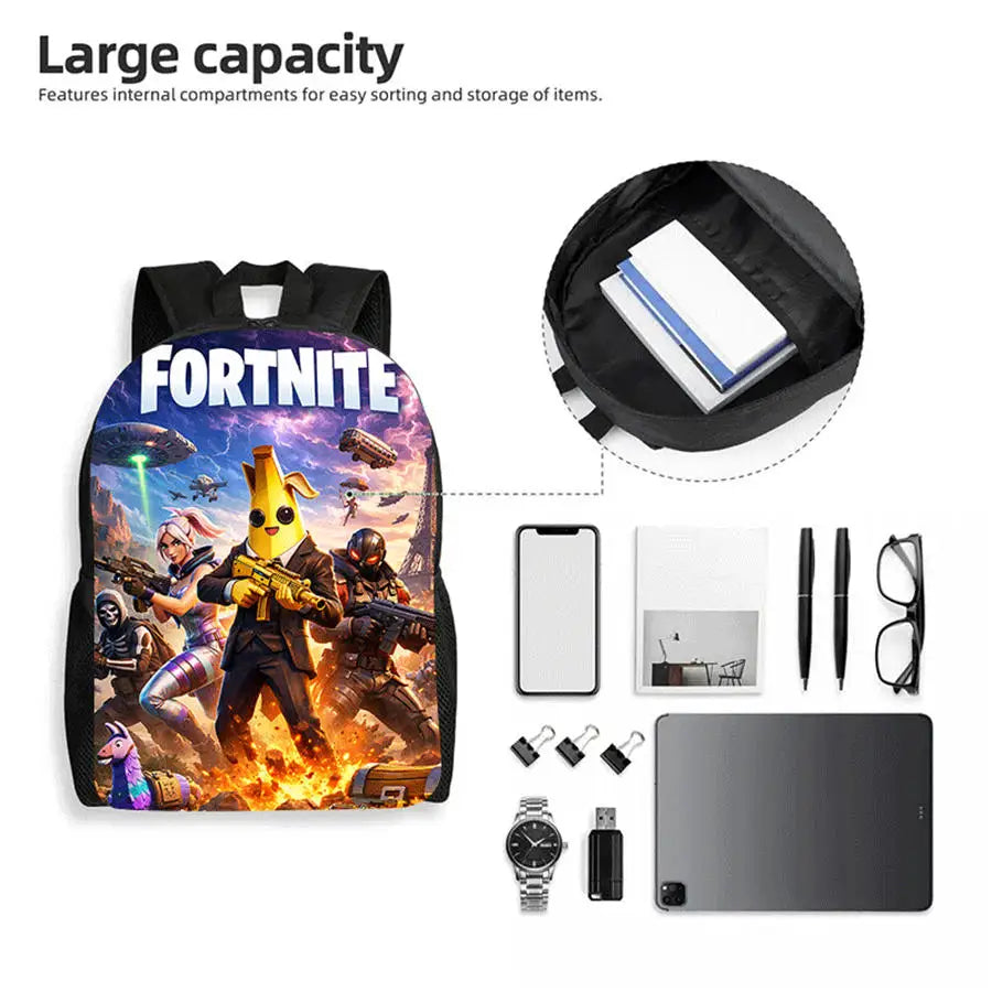 3-teiliges Kinder-Rucksack-Set, Umhängetasche & Federmäppchen, FORTNITE-Cartoon-Tasche, leicht, für Jungen und Mädchen von 6-10, kostenloser 3D-gedruckter Schlüsselanhänger
