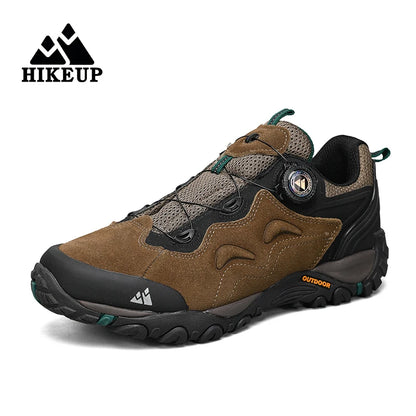 HIKEUP Leather Men's Outdoor Hiking Shoes Tourist Trekking Sneakers Mountain Climbing Trail Jogging Shoes with Turnbuckle