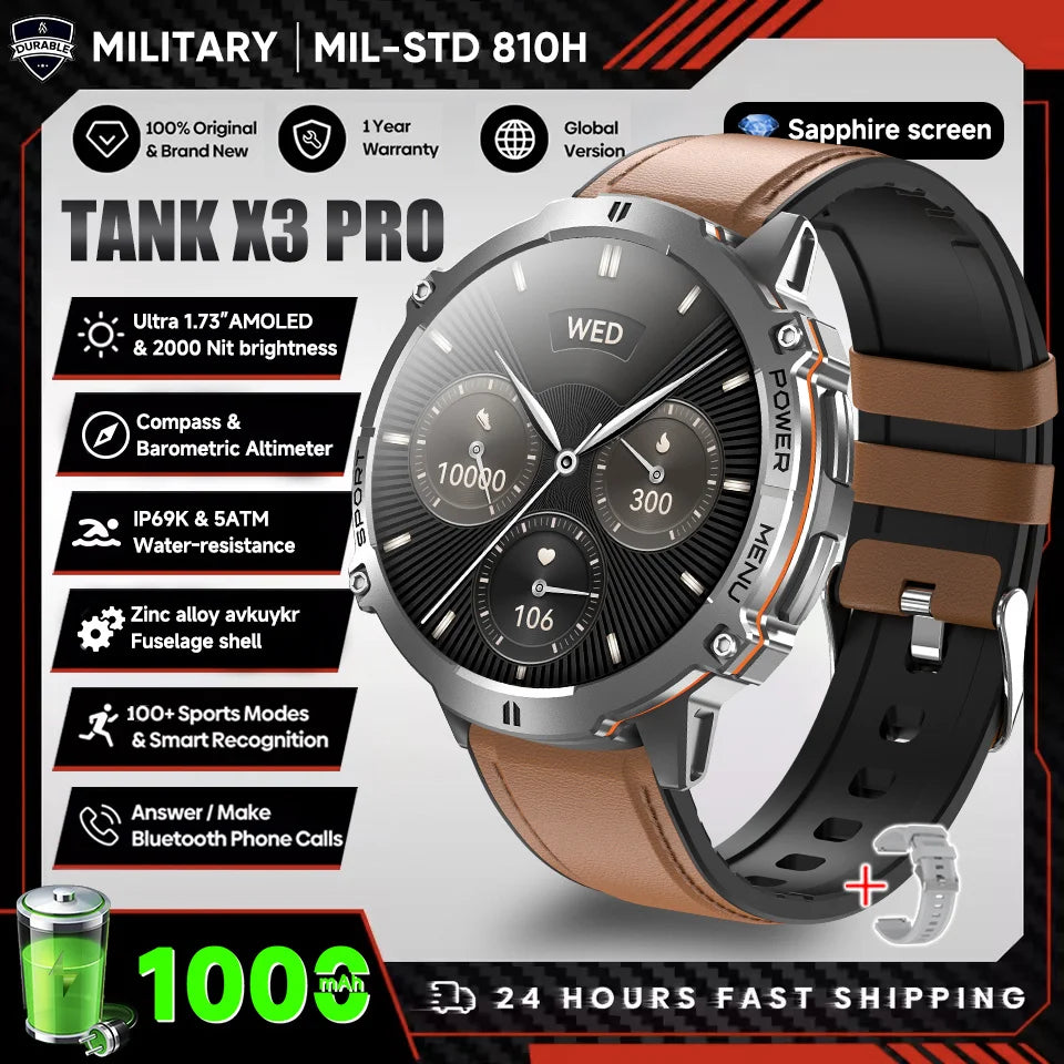 2026 New Military TANK X3 Smartwatch für Herren, 1000mAh Akku, 10ATM wasserdicht zum Schwimmen, GPS-Route, 1.75" AMOLED HD, Anrufe, Sport-Smartwatch