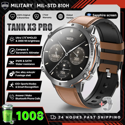 2026 New Military TANK X3 Smartwatch für Herren, 1000mAh Akku, 10ATM wasserdicht zum Schwimmen, GPS-Route, 1.75" AMOLED HD, Anrufe, Sport-Smartwatch