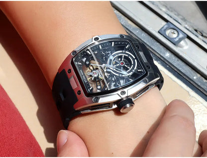MINI FOCUS Herren-Armbanduhr, modisch, schwarz, wasserdicht, automatische mechanische Uhr mit Leuchtzeigern, Silikonarmband und Tonneau-Zifferblatt