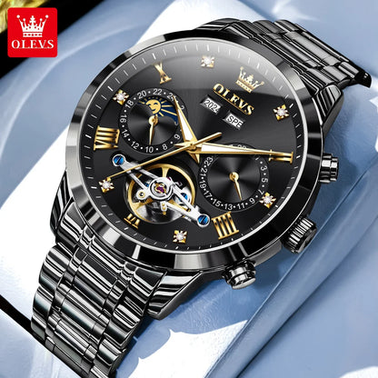 OLEVS Men's Watches Moon Phase Hollow Flywheel Exclusive Original Automatic Mechanical Watches For Men Luxury Man Watch New 7029