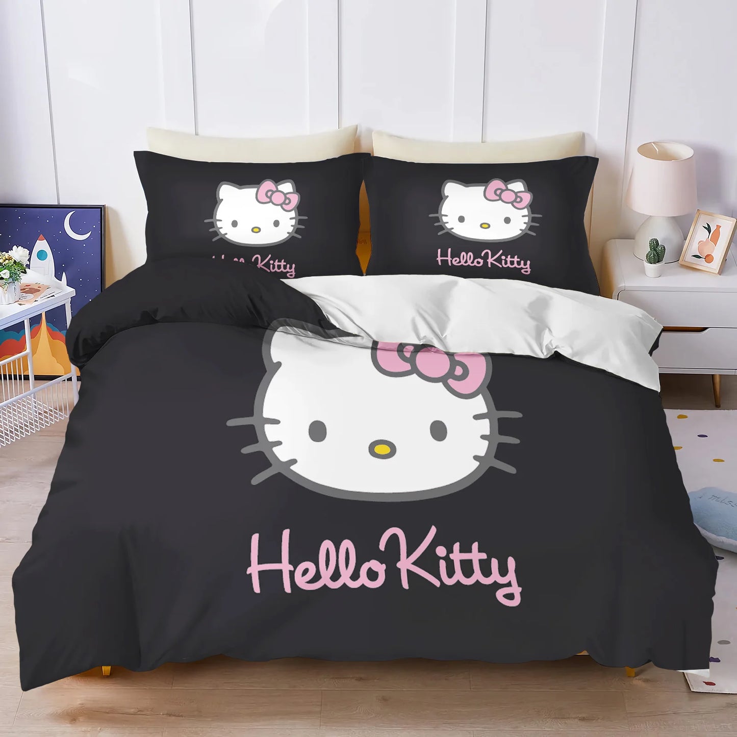 Hello Kitty Bettbezug-Set, 3D-Kinderbettwäsche, 3-teilig, 1 Bettdeckenbezug, King Size