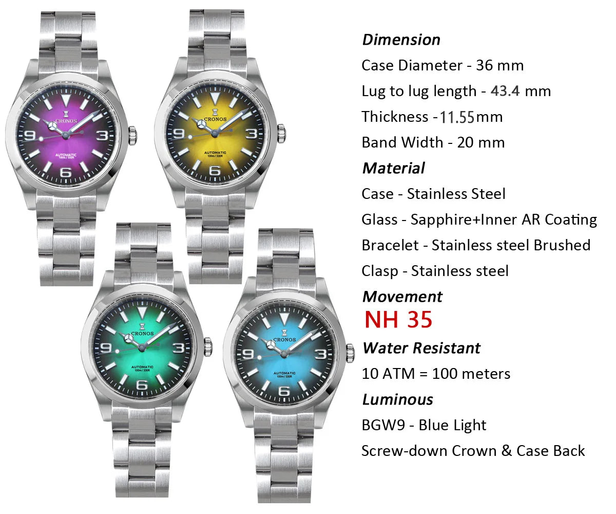 Cronos Luxury Men Watches 36mm Explore Climbing Series Couples Sport Watch NH35 PT5000Unisex Automatic Mechanical Watch 10Bar