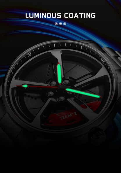 LIGE New Sport 3d Car Wheel Rim Hub Watch Fashionable Rotating Dial Stainless Steel Strap Waterproof Quartz Watches reloj hombre