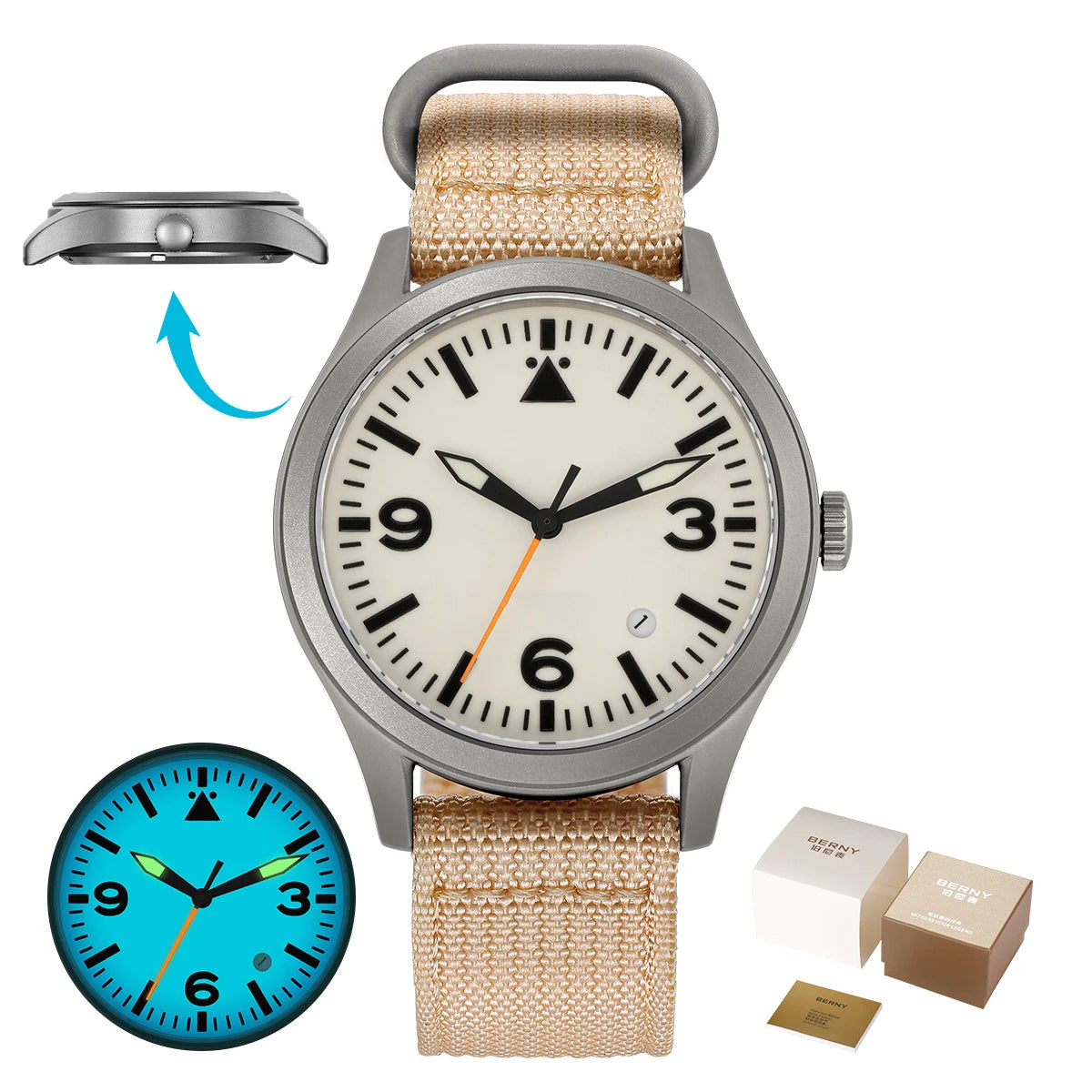 BERNY Aviation Top Titanium Mechanical Men Watch Sapphire AR Coating Supper Luminous 10Bar Sport Watch Titanium Aviation Watches