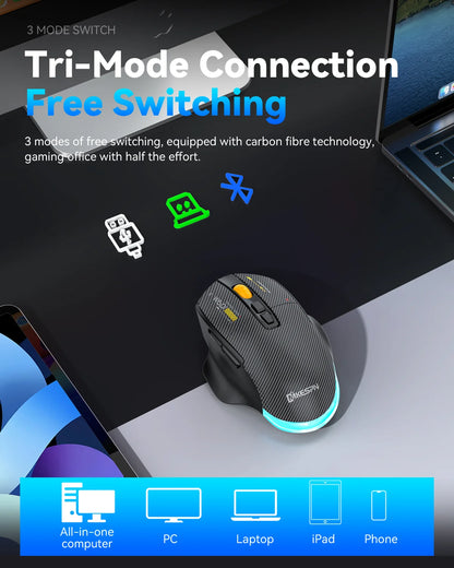Bluetooth Wireless Gaming Mouse, 12800 DPI Wired/Wireless RGB Mouse with 7 Programmable Buttons, for PC Laptop, Gaming