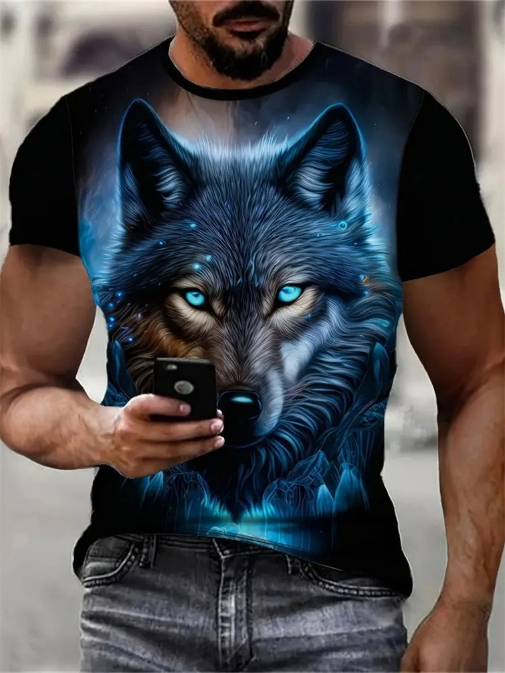 Fashionable Summer Men's Dominant Wolf Print Pattern Breathable Round Neck T-shirt Outdoor High Street Casual Top