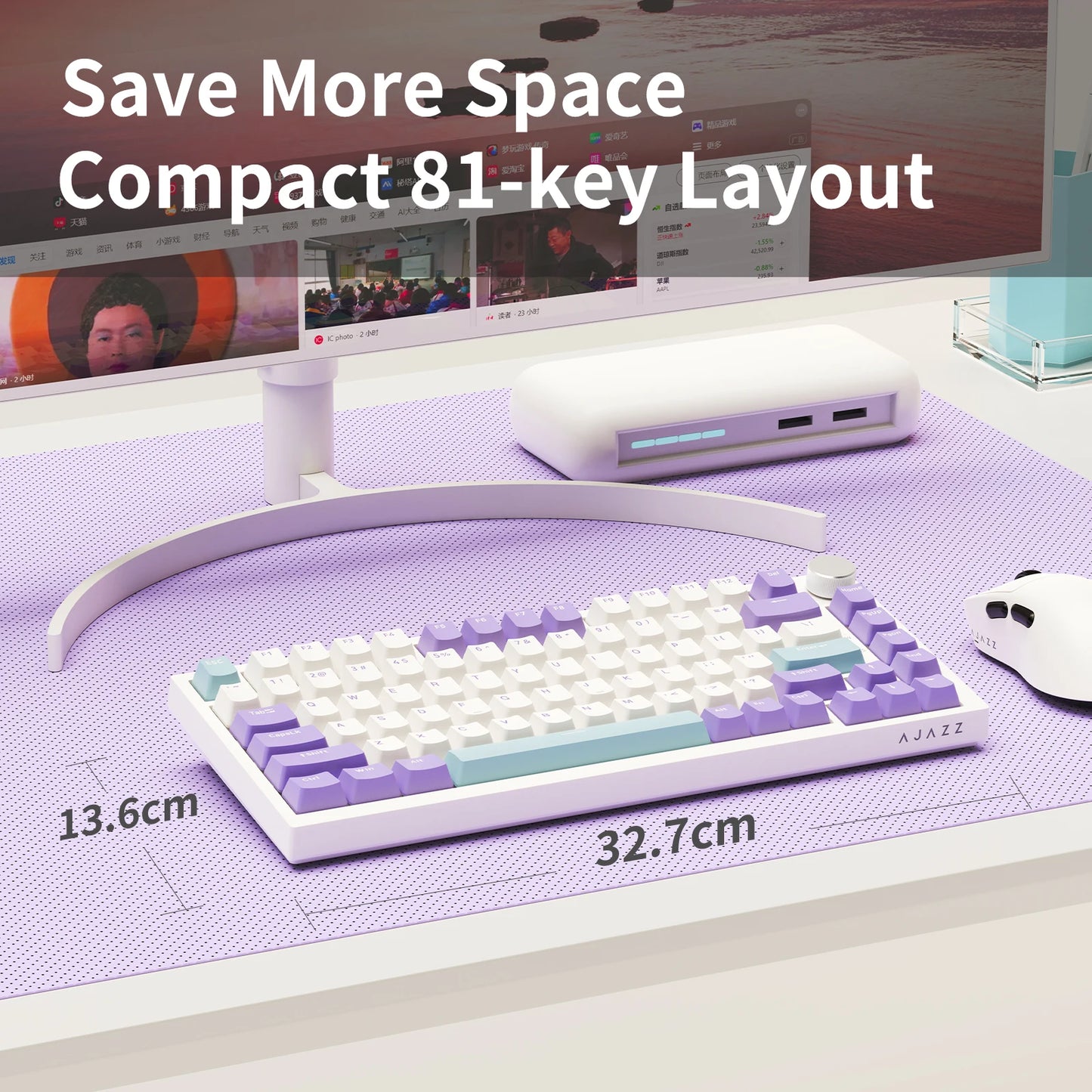 Teclado Mecânico com Fio AJAZZ AK820 75%: Hot-Swappable, Retroiluminação RGB/Branca/Azul-Gelo, Controlo por Botão de Volume | Para Escritório e Gaming