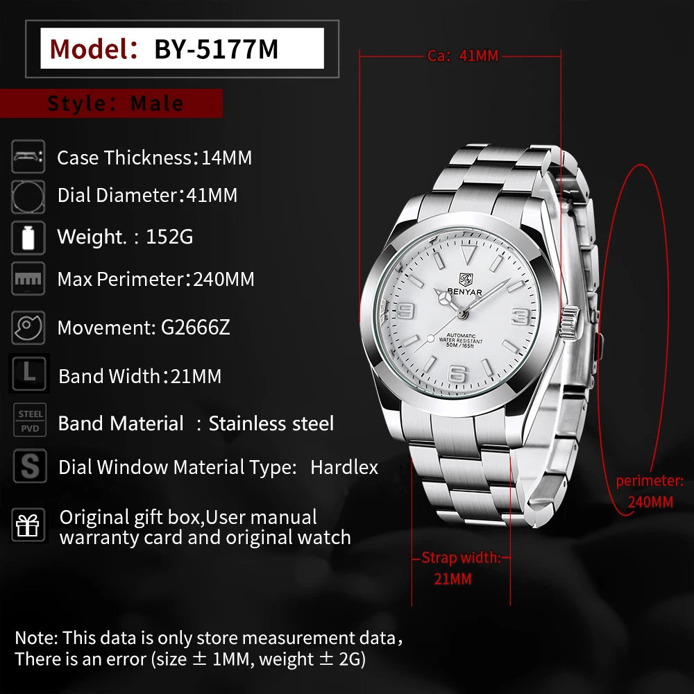 BENYAR 2025 Nuovo orologio meccanico automatico da uomo, stile business e sportivo di lusso, impermeabile 50M, orologio da uomo