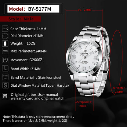 BENYAR 2025 Nuovo orologio meccanico automatico da uomo, stile business e sportivo di lusso, impermeabile 50M, orologio da uomo