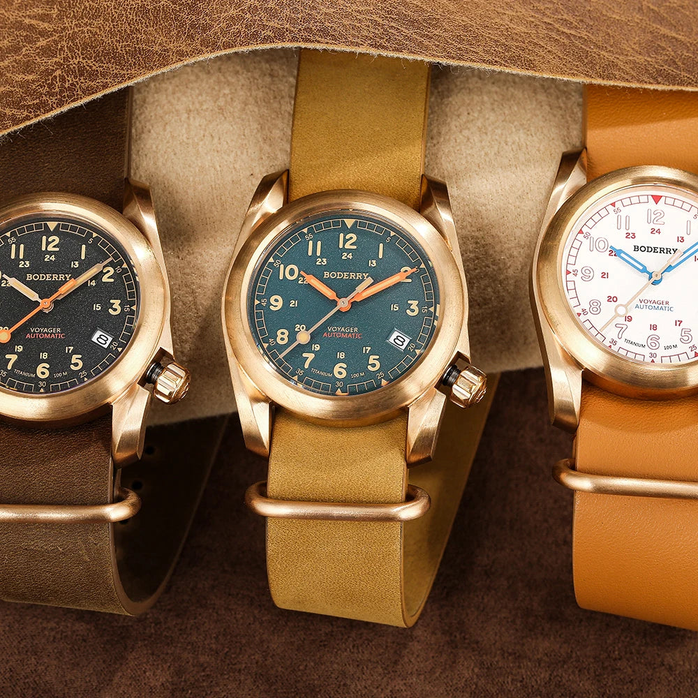 Boderry VOYAGER Field Watches Bronze Case Automatic For Seiko NH35 Watch 100M Waterproof Clock Military Vintage Wristwatch Mens