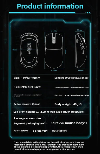 Mouse gaming wireless non poroso SCYROX V6 esports 40g 750IPS con ricevitore 8k, risposta rapida 3950, alta qualità 8KHz