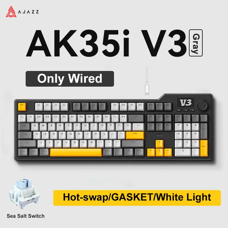 Novo teclado gaming AJAZZ AK35I V3 MAX tri-mode com fios, Bluetooth e sem fios, Gasket, hot swap completo, 104 teclas, teclado personalizado